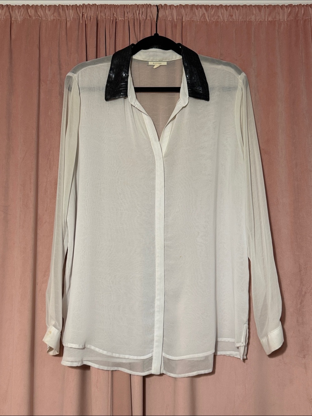 Pleione Ivory Sheer Button-Down Blouse with Black Sequin Collar